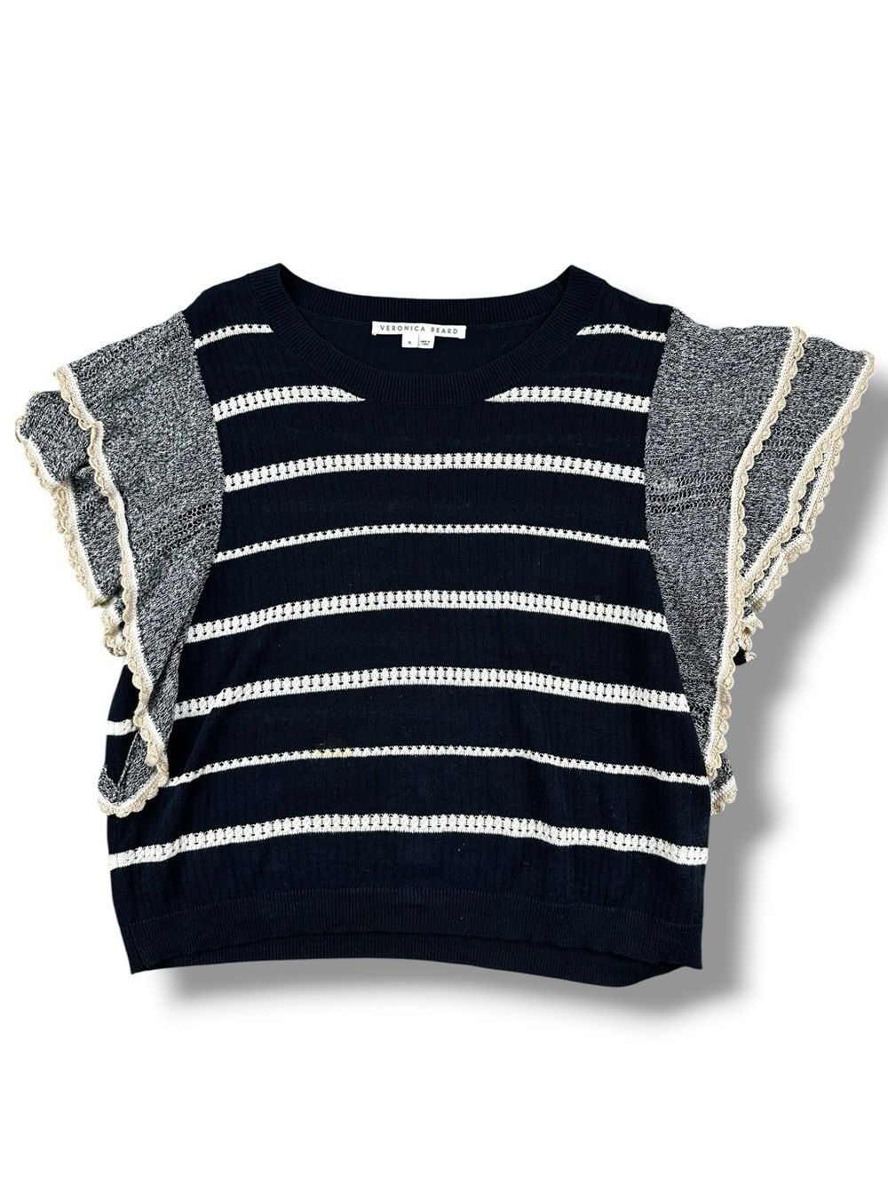Veronica Beard Paz Striped Flutter Sleeve Top Navy White XL